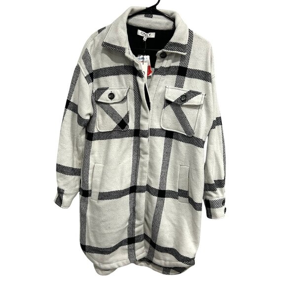 ONLY Plaid Button Up Long Shacket Coat Black White Checkered Pattern Sz Small - Picture 1 of 9